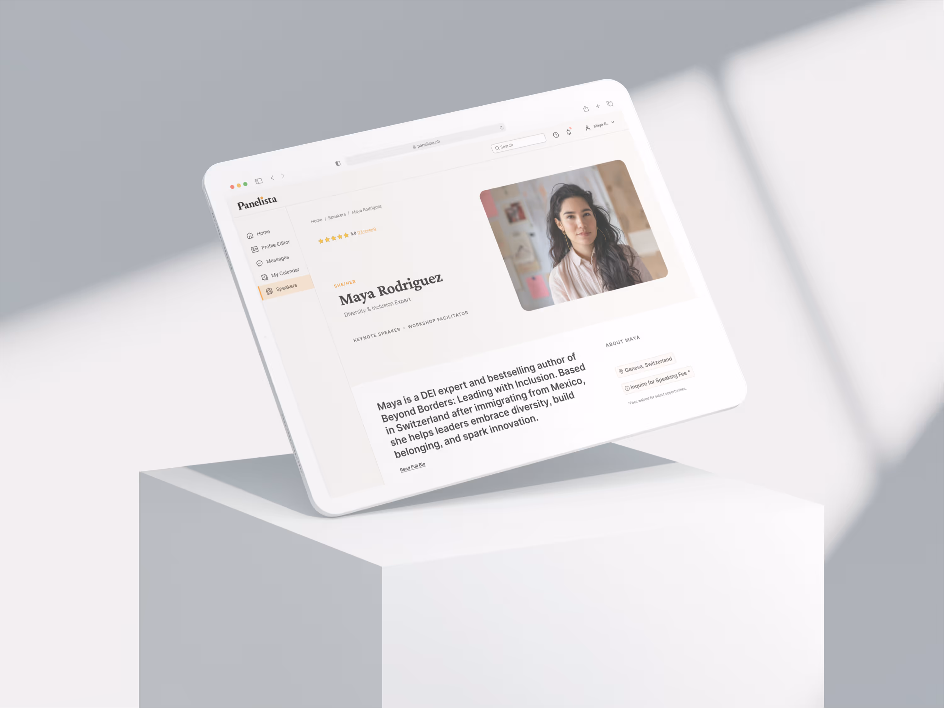 iPad mockup displaying a Panelista speaker profile, with a woman’s portrait on the right and her bio and details on the left.