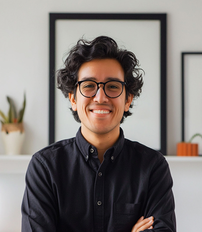 Portrait of a smiling male speaker with glasses, displayed with an organizer’s testimonial and a small badge icon