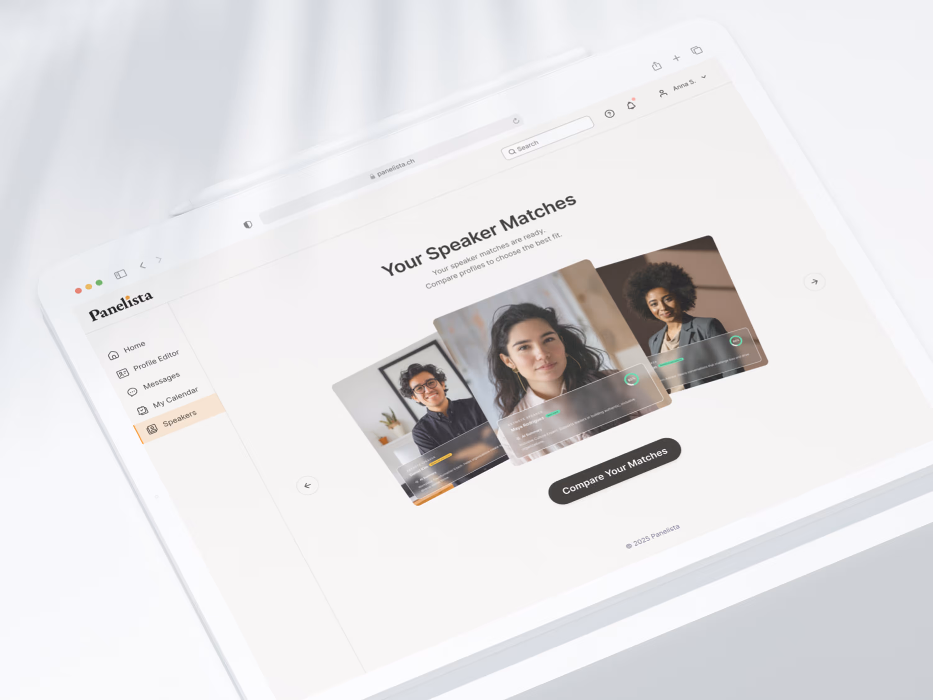 Mockup of an iPad displaying the Panelista organizer matching results page, featuring three speaker cards and a connect your matches button.