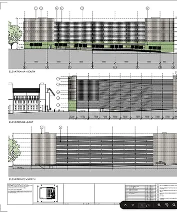 Architectural elevation drawings showing living wall and building design