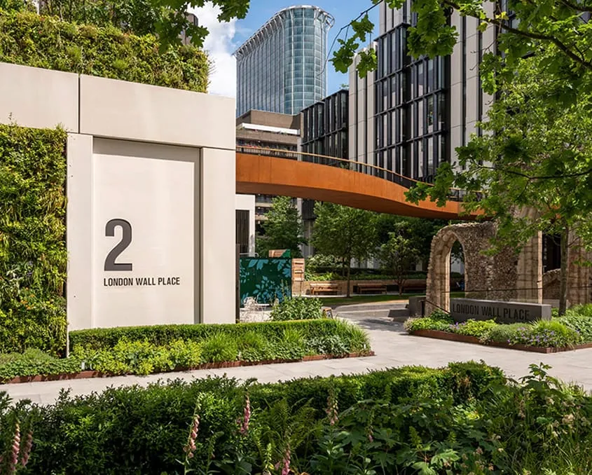3D model of Living wall and orange walkway at modern 2 London Wall Place development
