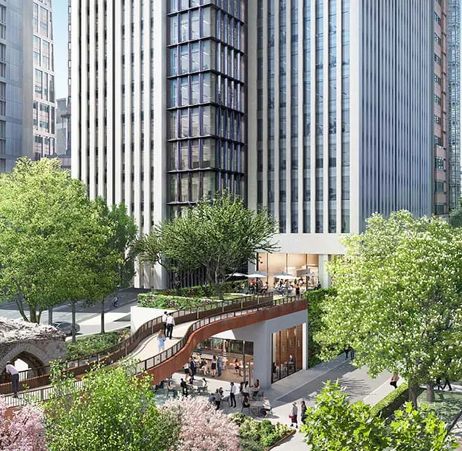 Living wall connects urban skyscrapers with green pedestrian walkway in 2 London Place