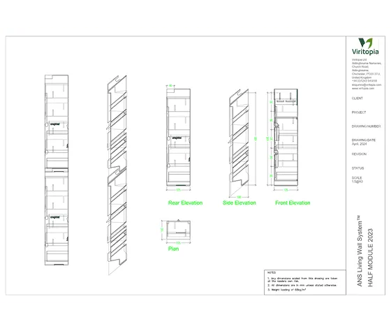 Architectural living wall technical drawing with multiple elevation views and sections