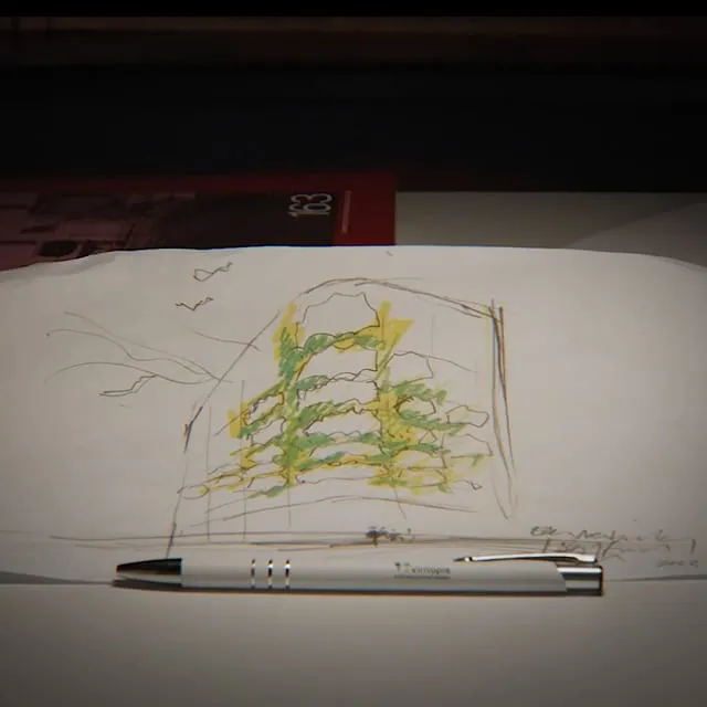 Living wall sketch with yellow and green watercolor on white paper