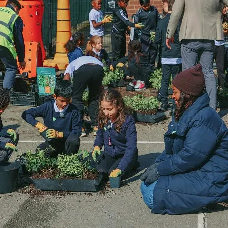 Young people planting living wall garden near brick school building