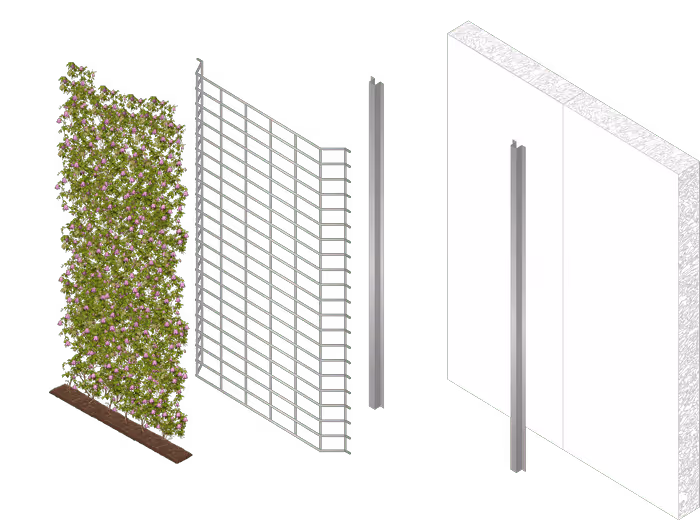 Exploded diagram of the Viritopia living mesh system, a wires and climbing green wall system