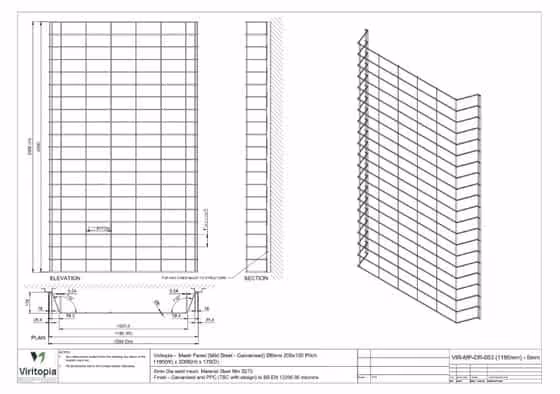 Technical drawing of the Viritopia Living Mesh System® showing a metal grid living wall climbing system