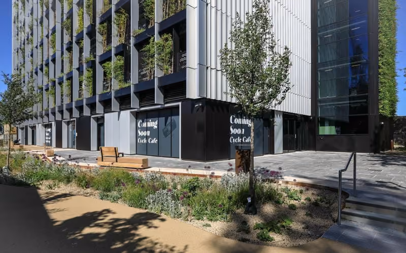 Ancoats car park modular living wall system showing a combination of a climbing living wall on one side and full modular facade on the other side.