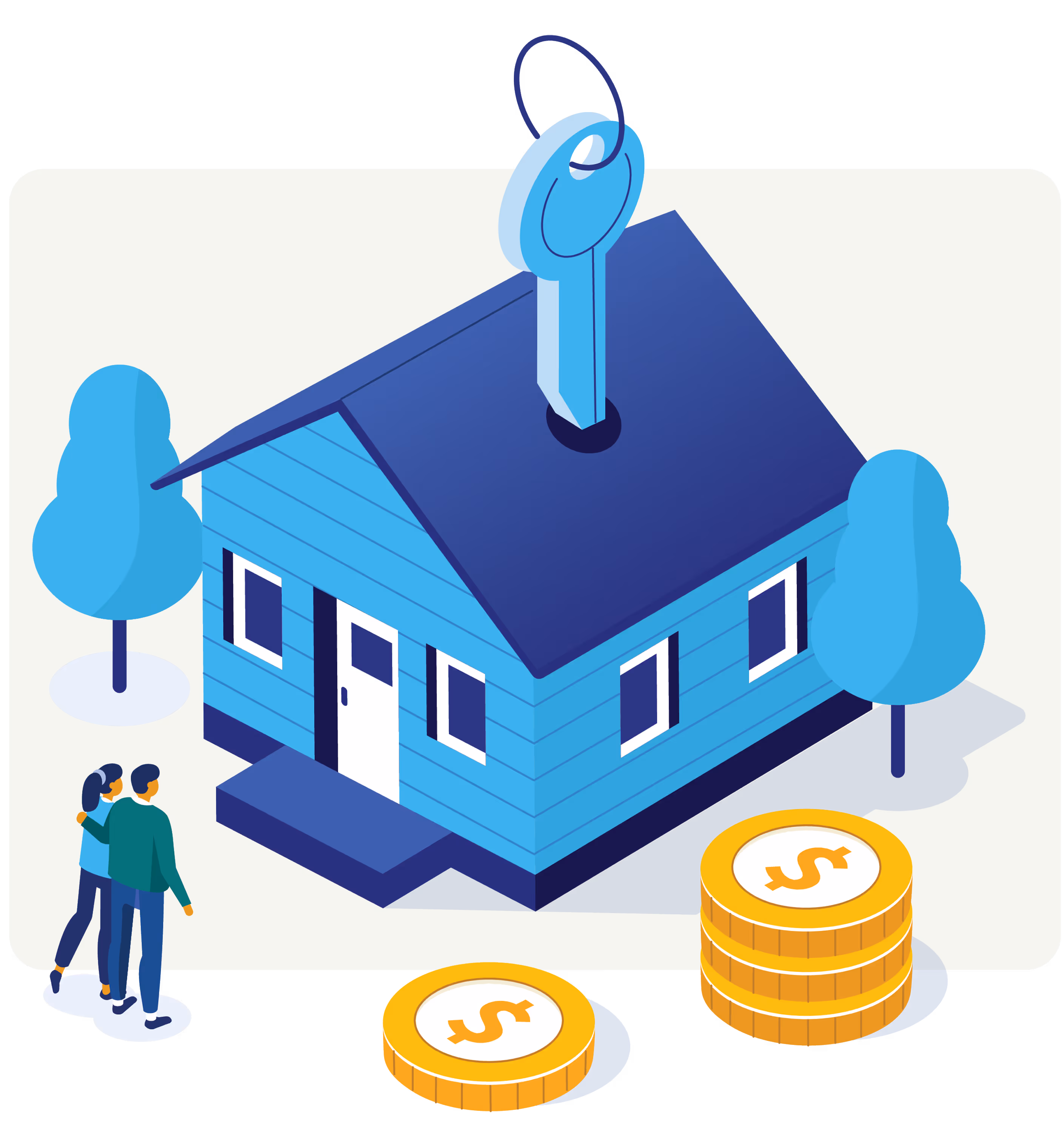 A blue house with a key on top of it next to a stack of coins.