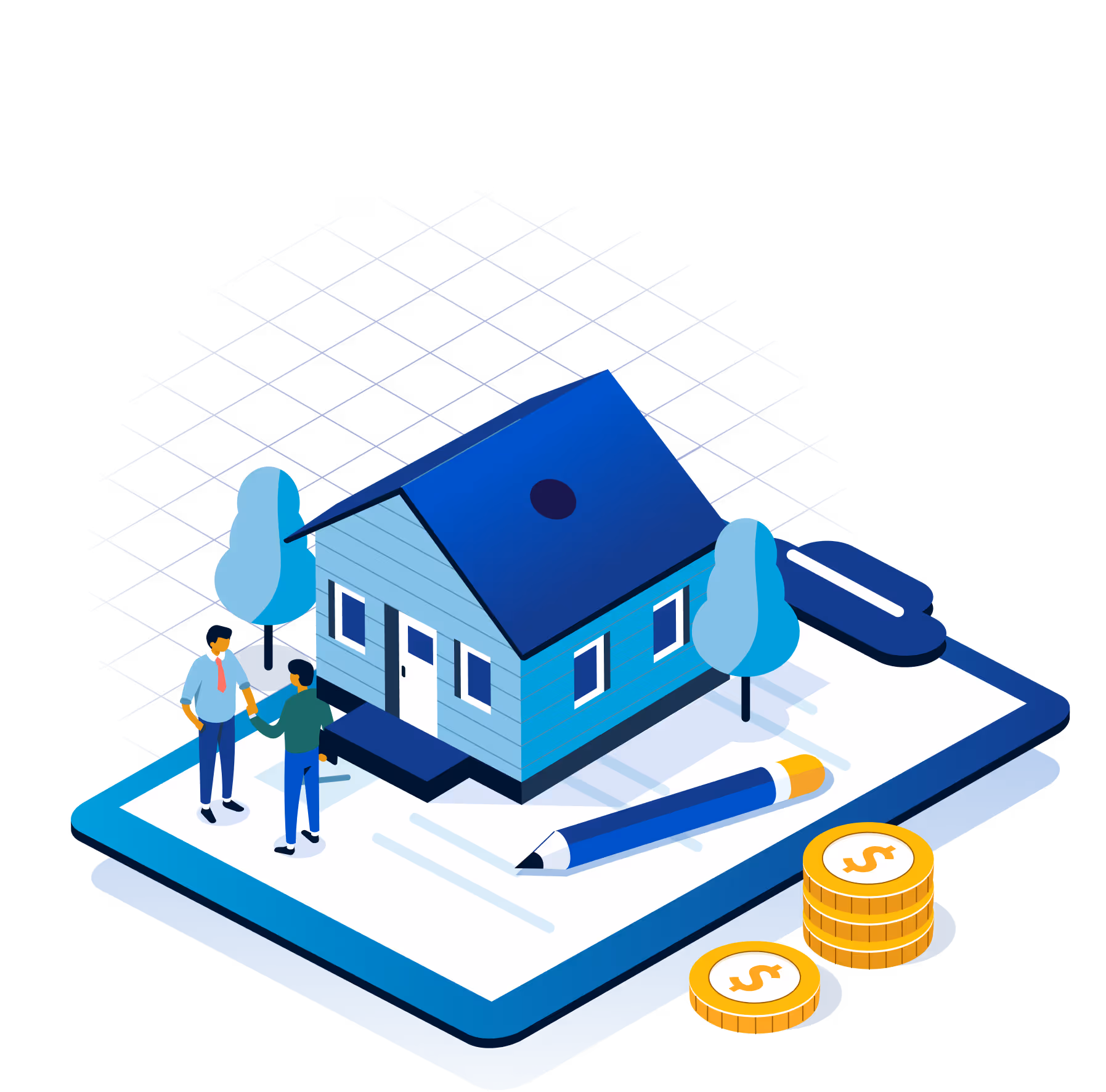 Two people standing in front of a house on a tablet.