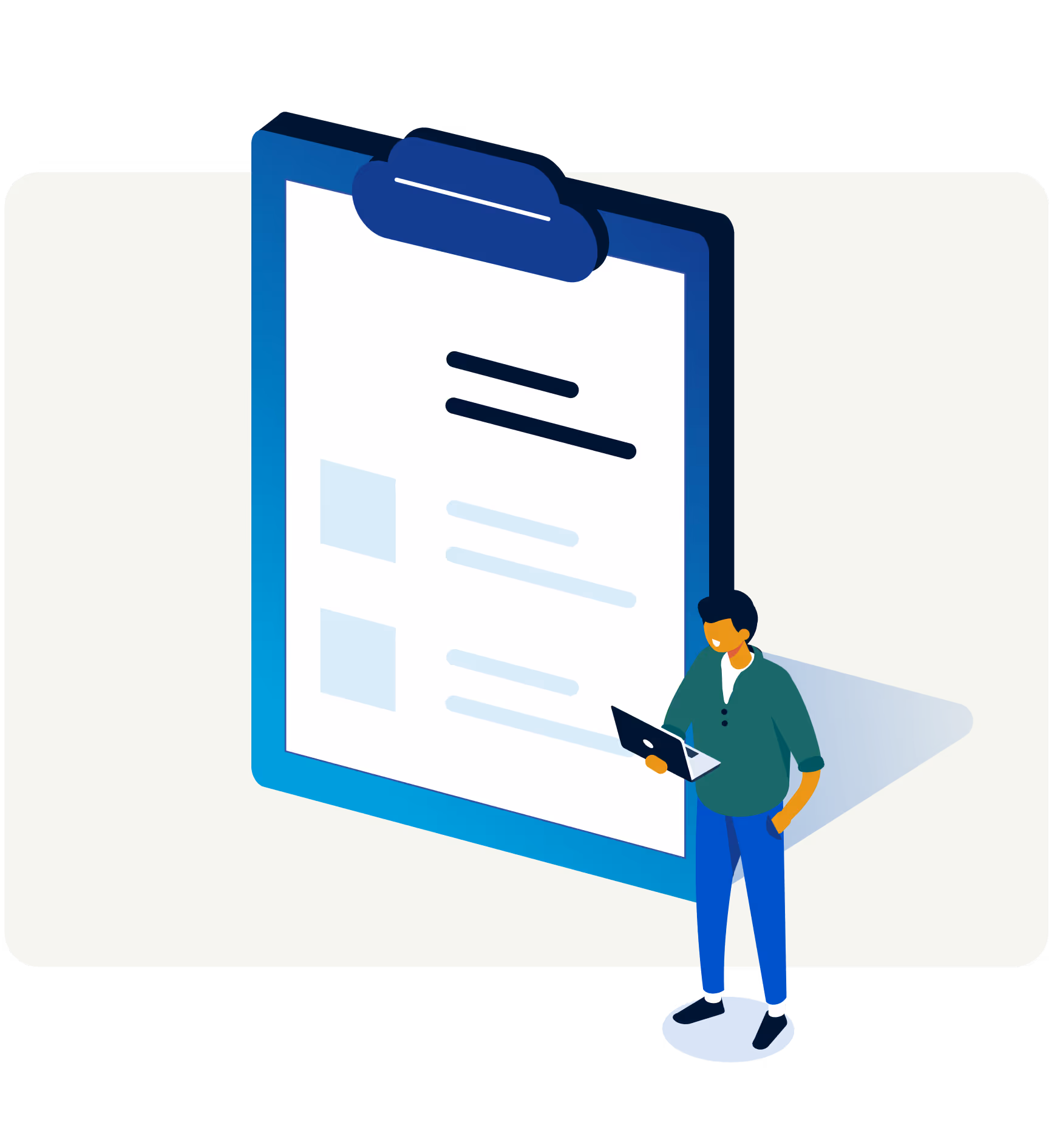 A man standing in front of a large clipboard.