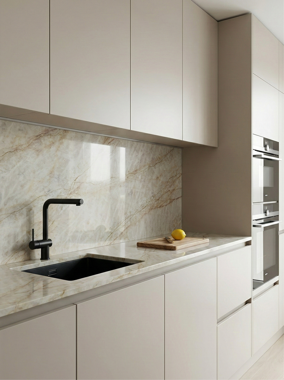 ubierta de cuarzo veteado para cocina moderna de estilo minimalista en tonos neutros cálidos