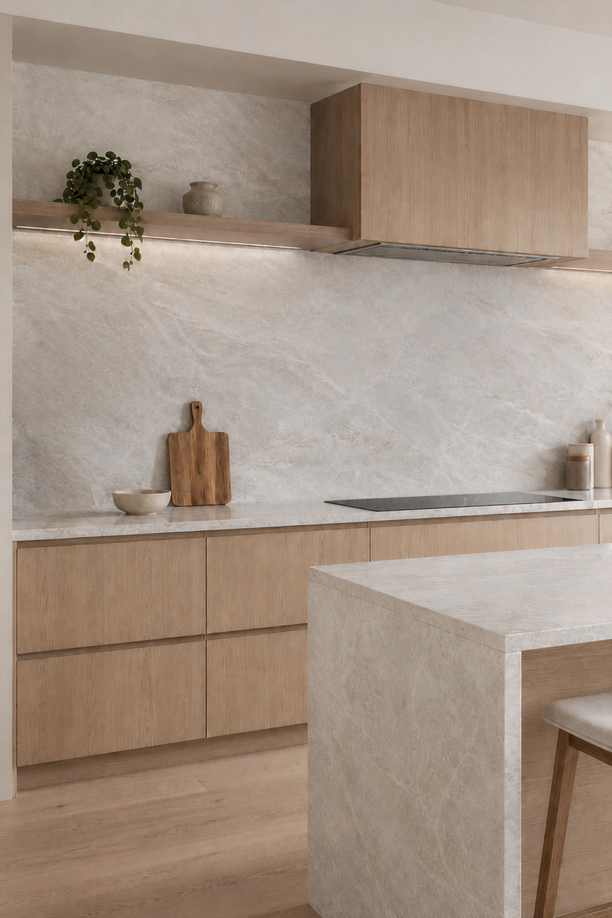 Isla de cocina y encimeras revestidas en cuarcita Taj Mahal natural en un espacio moderno de estilo orgánico