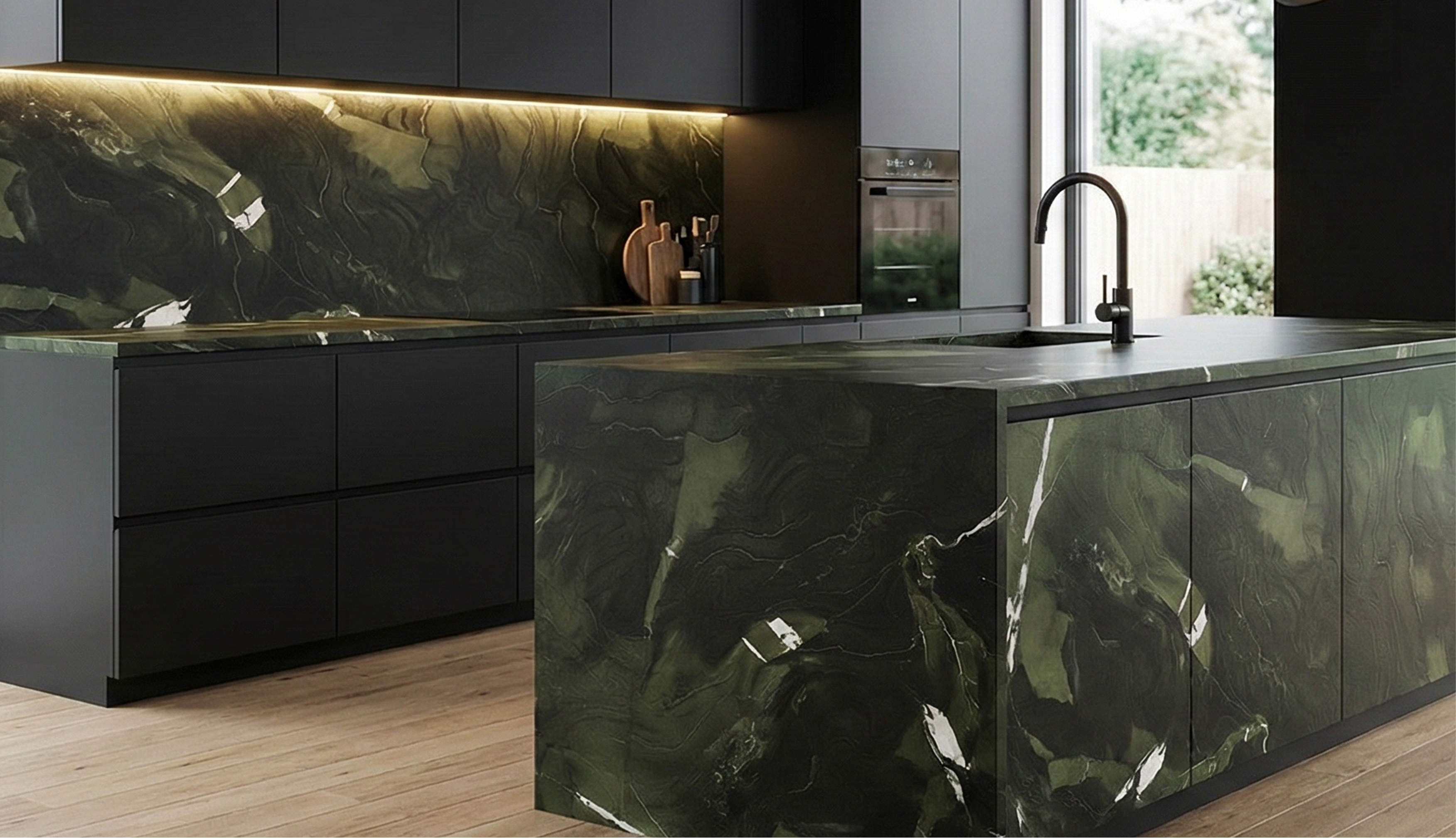 Cubierta e isla de cocina en cuarcita Avocatus natural veteada para un diseño de interiores contemporáneo y elegante