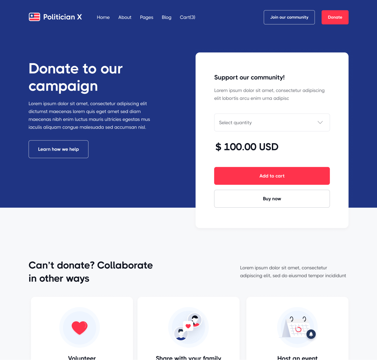 Politician X - Donate Single page - Political Webflow Template