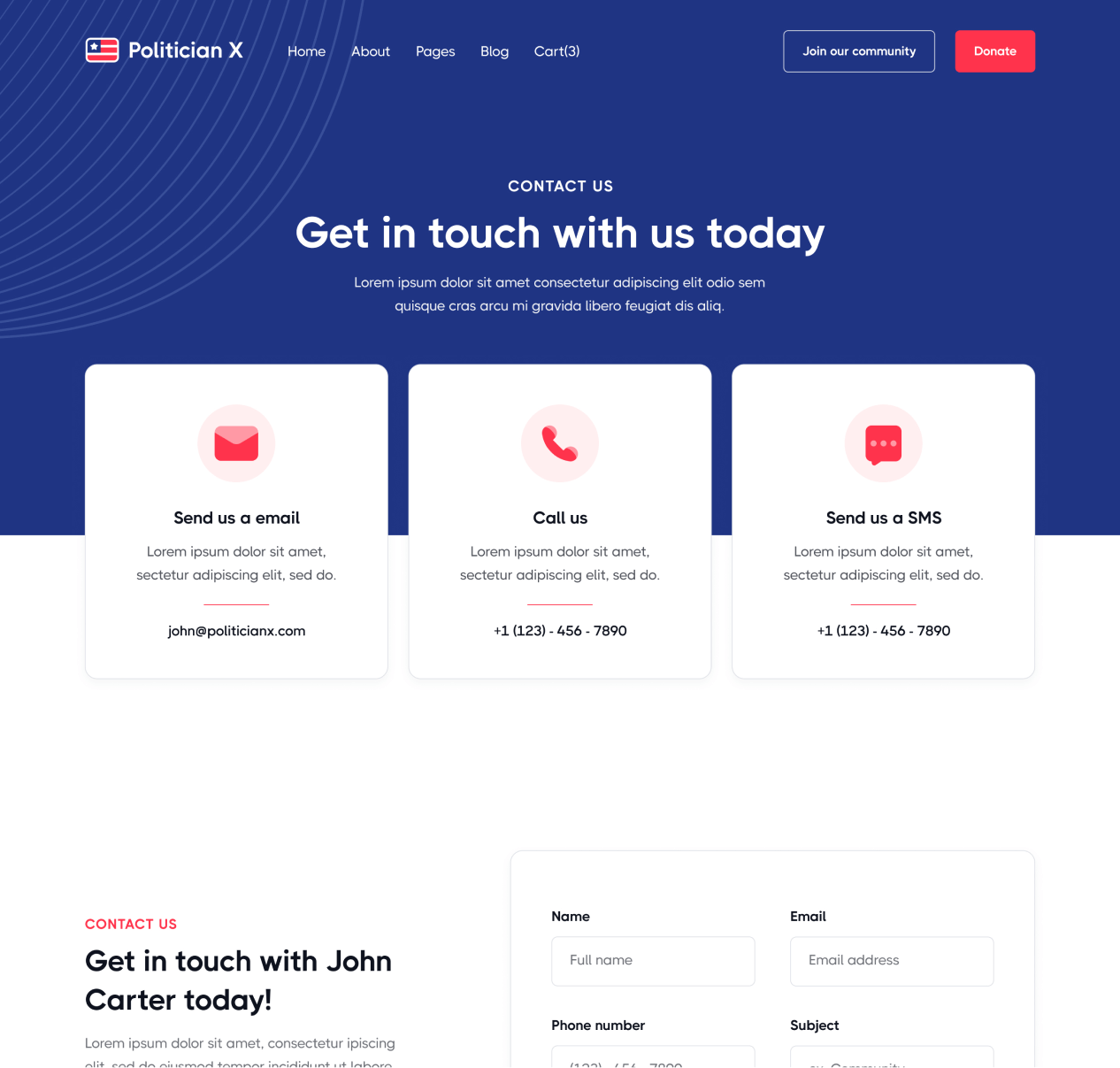 Politician X - Contact page - Political Webflow Template