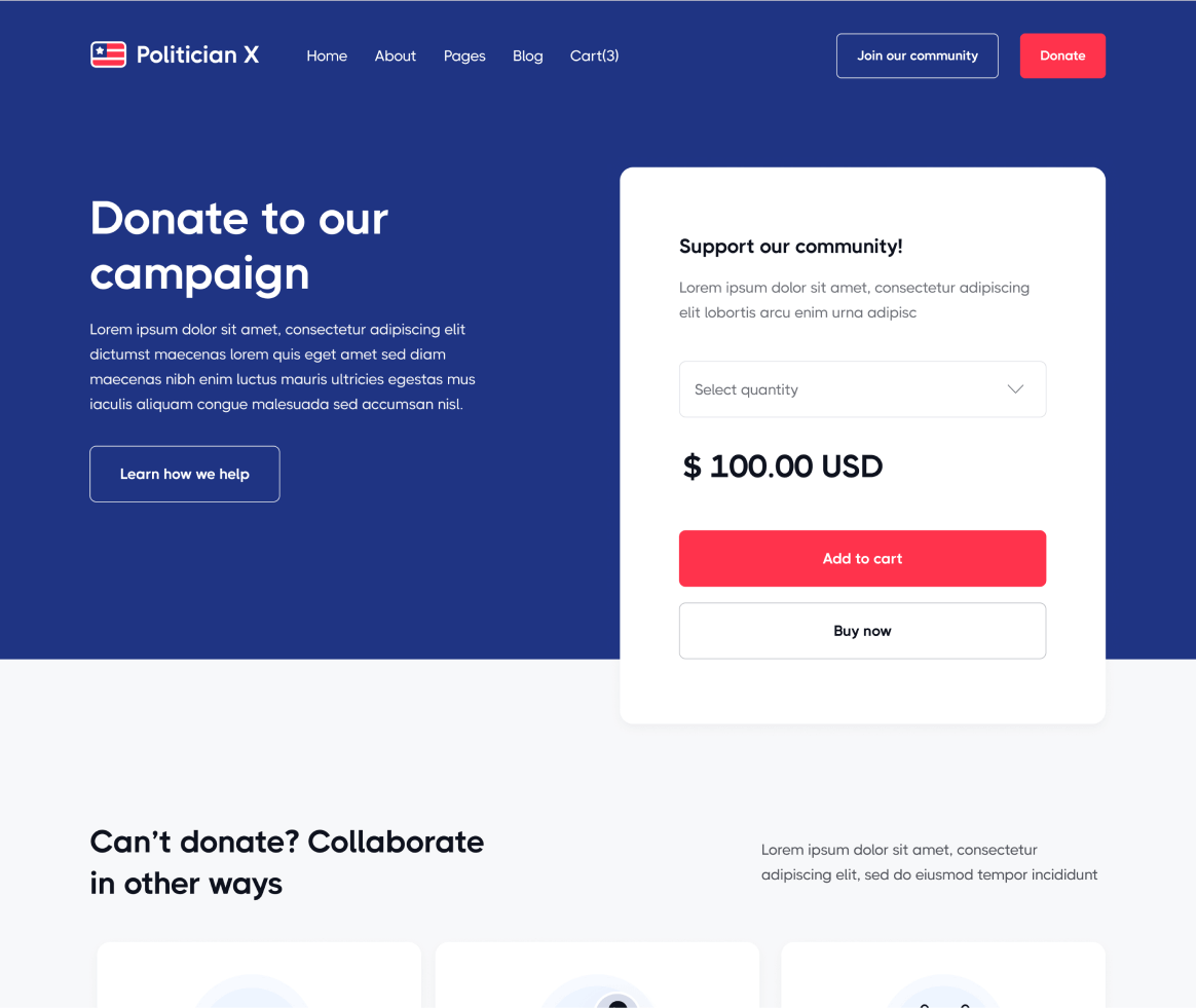 Politician X - Donate Single page - Political Webflow Template