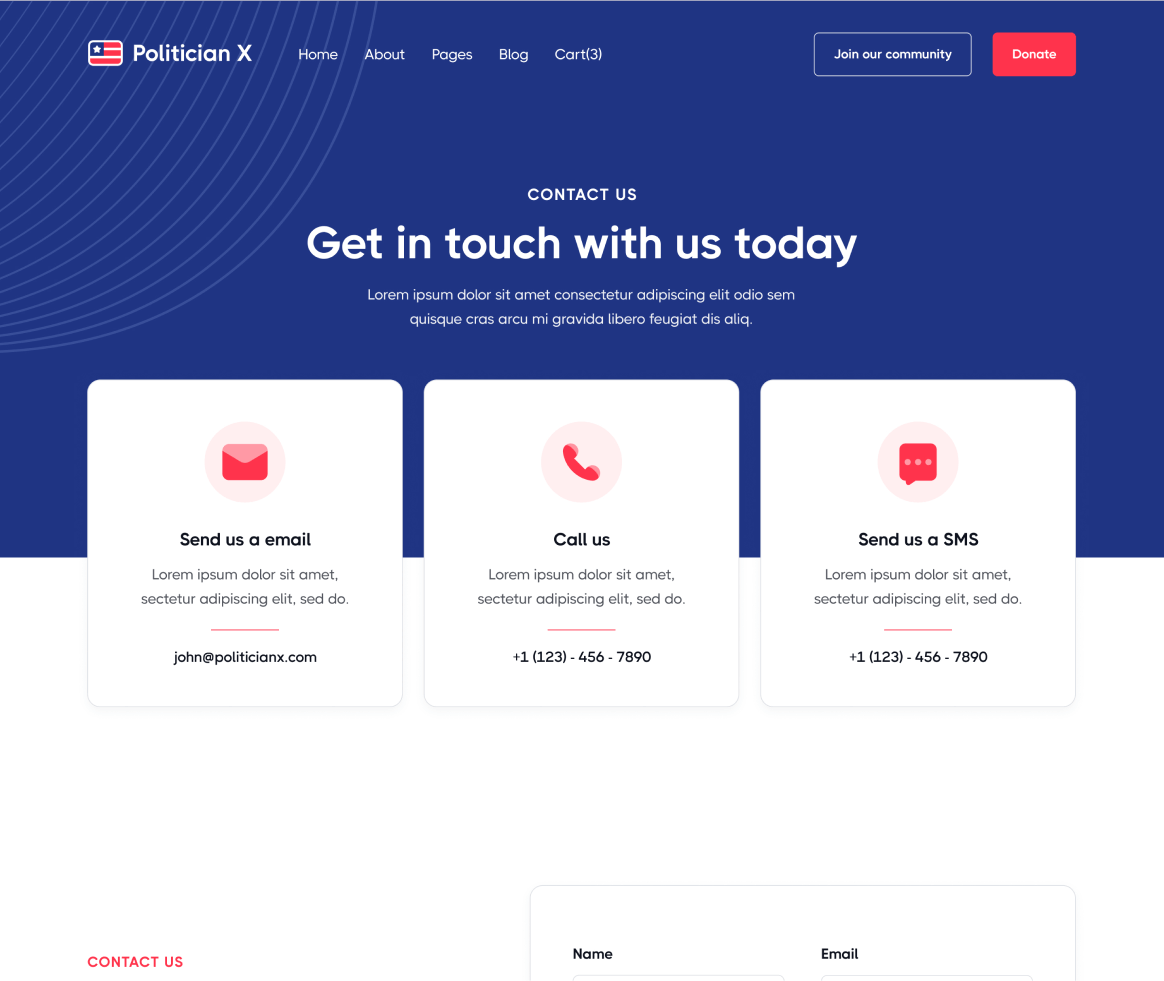 Politician X - Contact page - Political Webflow Template
