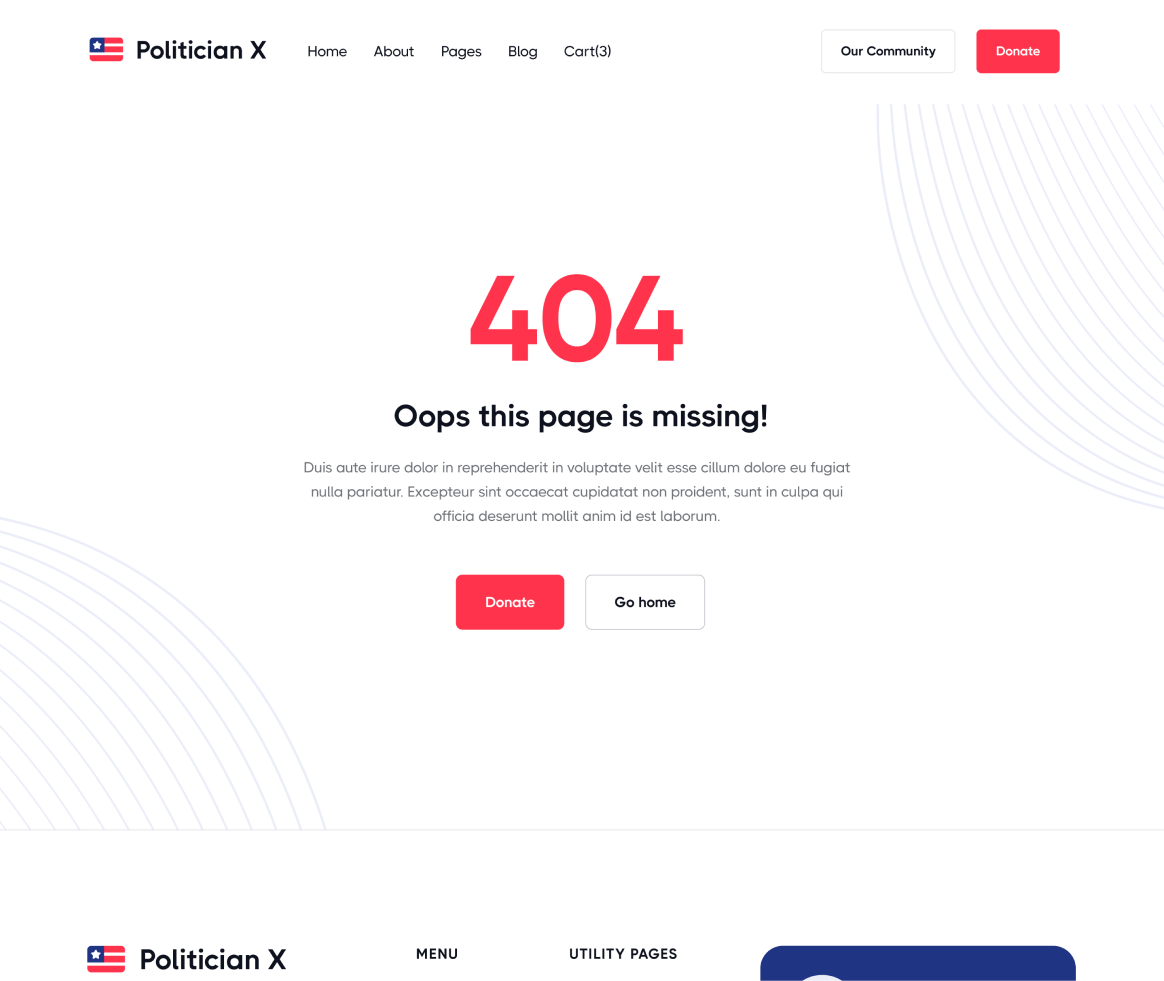 Politician X - 404 not found page - Political Webflow Template