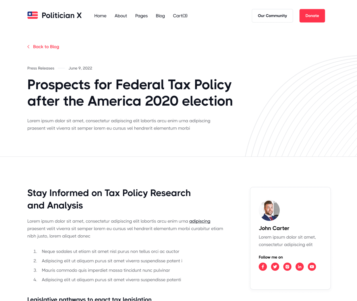 Politician X - Blog Post page - Political Webflow Template