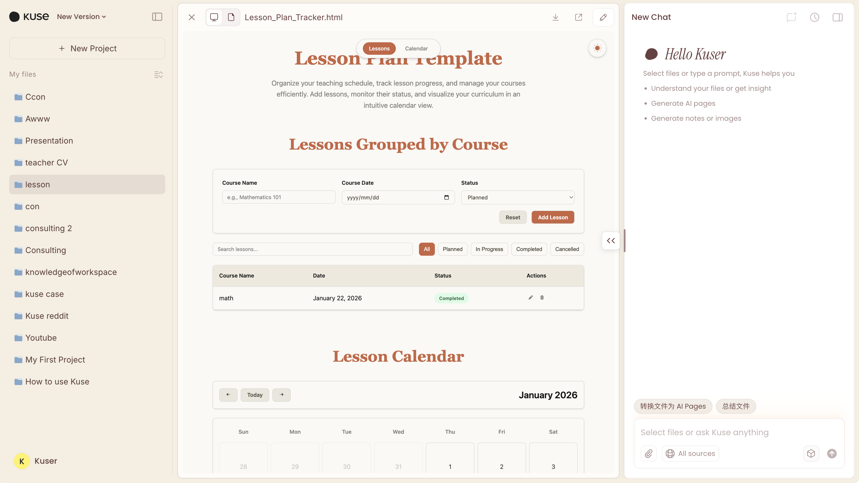 Free and interactive lesson plan template made by Kuse
