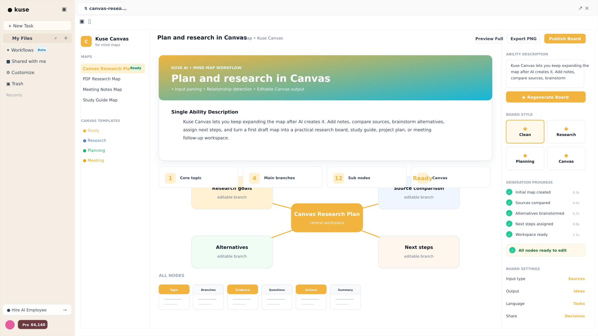 Kuse board screenshot for planning and research in Canvas