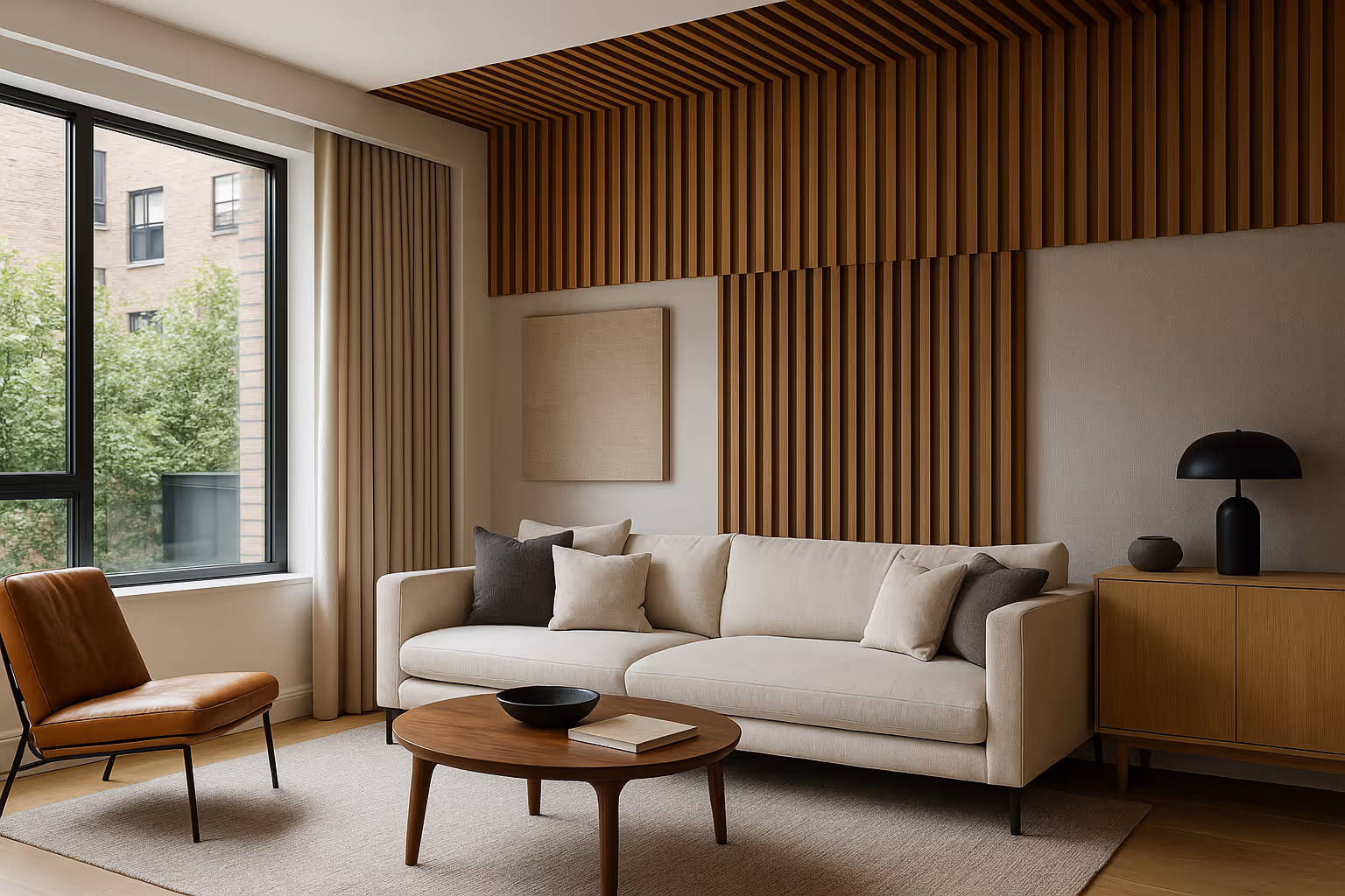 Modern Sydney living room with timber acoustic slat ceiling and fabric wall panels providing sound absorption.
