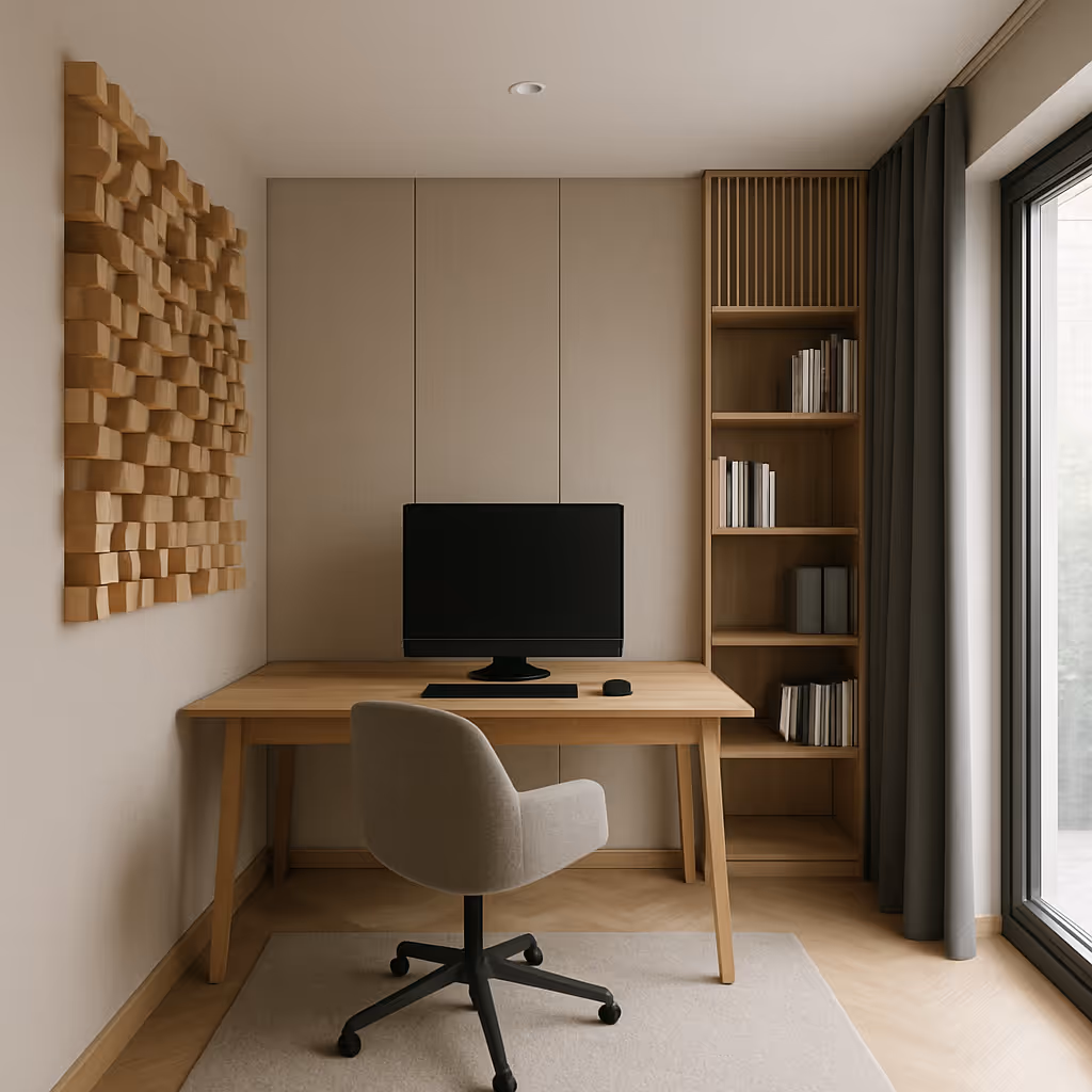 Minimal home office with timber diffusers, soft acoustic wall panels, and curtains for noise control.