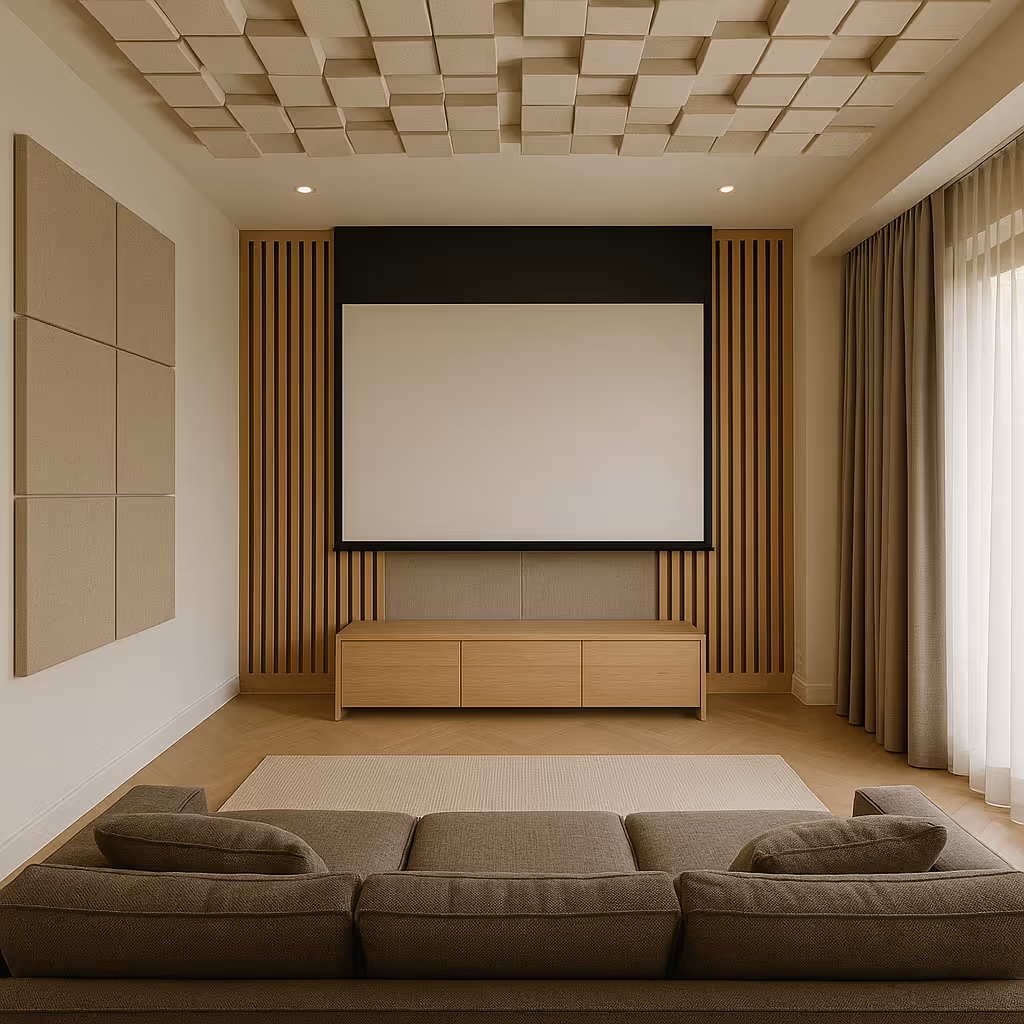 Modern home cinema with fabric wall absorbers, ceiling diffusers, and concealed bass traps.