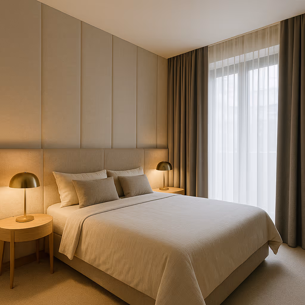 Bedroom with upholstered acoustic wall panels, acoustic curtains, and double glazing for noise isolation.