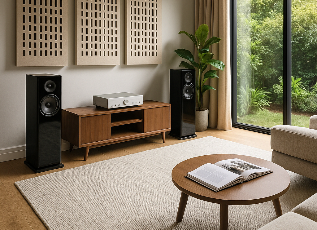 A refined Sydney listening room designed for balanced sound and architectural simplicity, featuring perforated wall absorbers, heavy drapes, and natural materials.