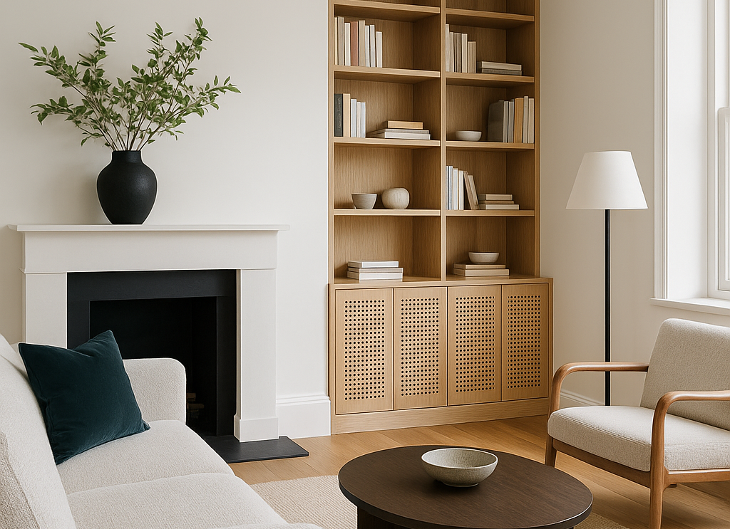 A refined Sydney listening room designed for balanced sound and architectural simplicity, featuring perforated wall absorbers, heavy drapes, and natural materials.