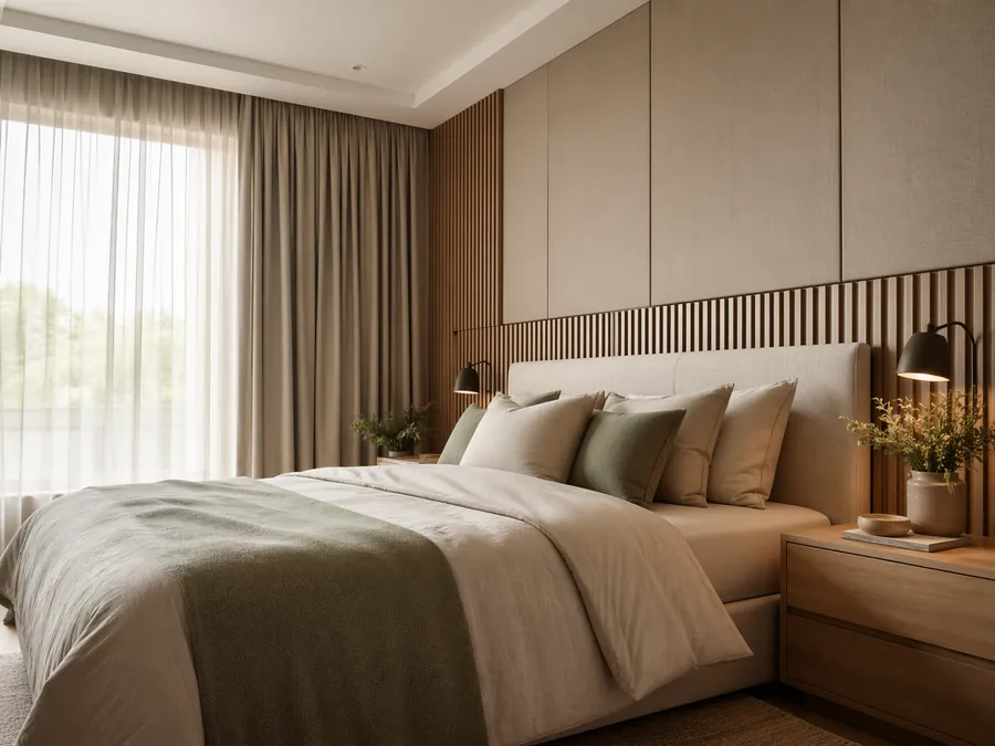 Quiet bedroom with soft natural light, layered curtains and acoustic design for sleep and privacy