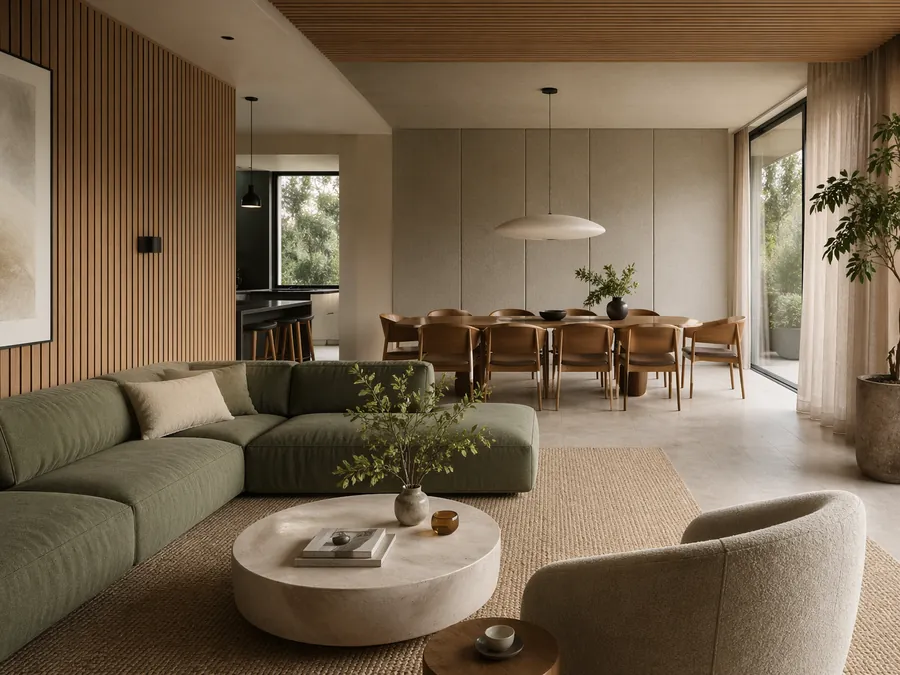 Open-plan living room with soft furnishings and acoustic design for reduced echo and improved comfort.