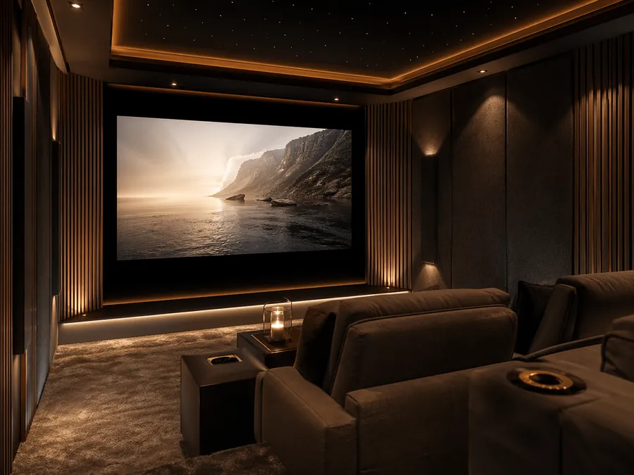 Home theatre acoustic design in Sydney with cinema seating, dark finishes and integrated acoustic treatment.