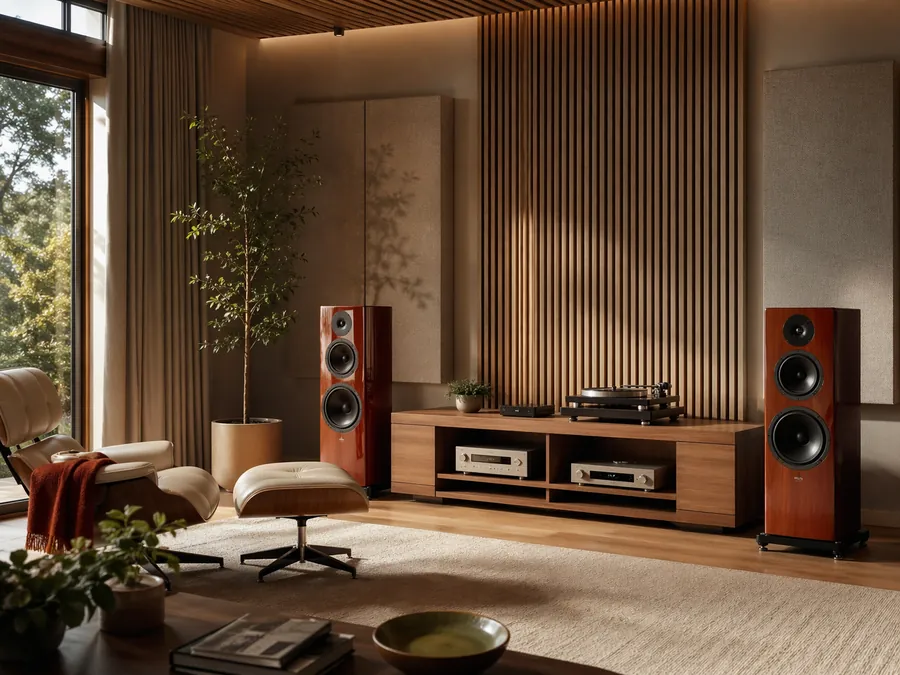 Home studio acoustic design in Sydney with speakers, warm timber finishes and integrated acoustic treatment.
