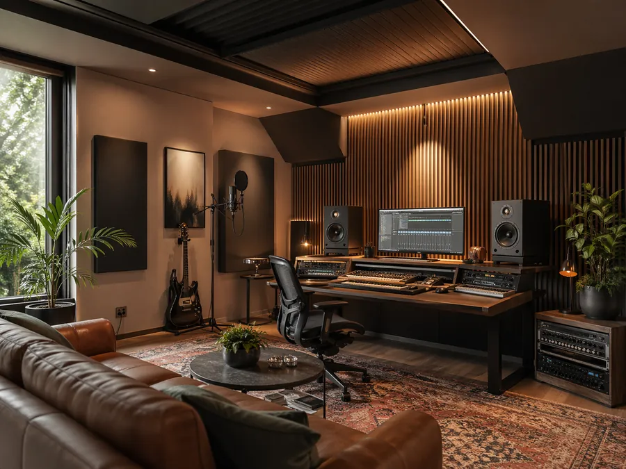 Home studio acoustic design in Sydney with speakers, instruments and integrated acoustic treatment.