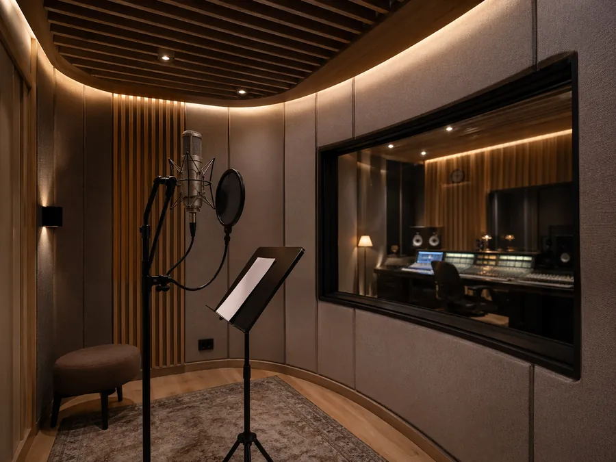 Vocal booth acoustic design with microphone, soft lighting and integrated recording room treatment.
