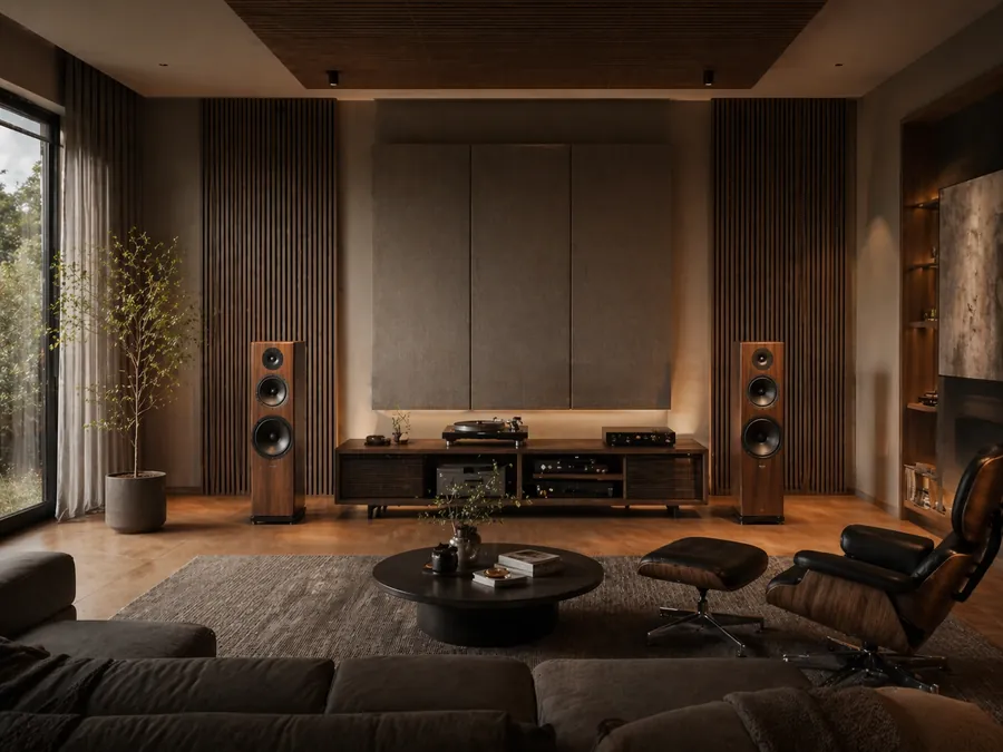 Critical listening room acoustic design with premium speakers, warm timber finishes and integrated acoustic treatment.