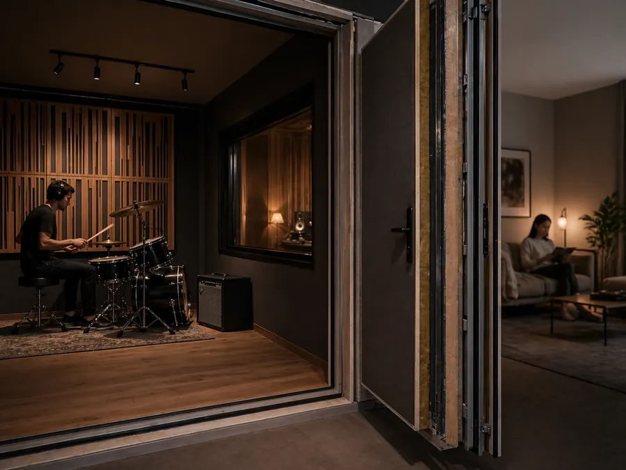 Studio sound isolation design showing acoustic separation between a music room and neighbouring quiet space.