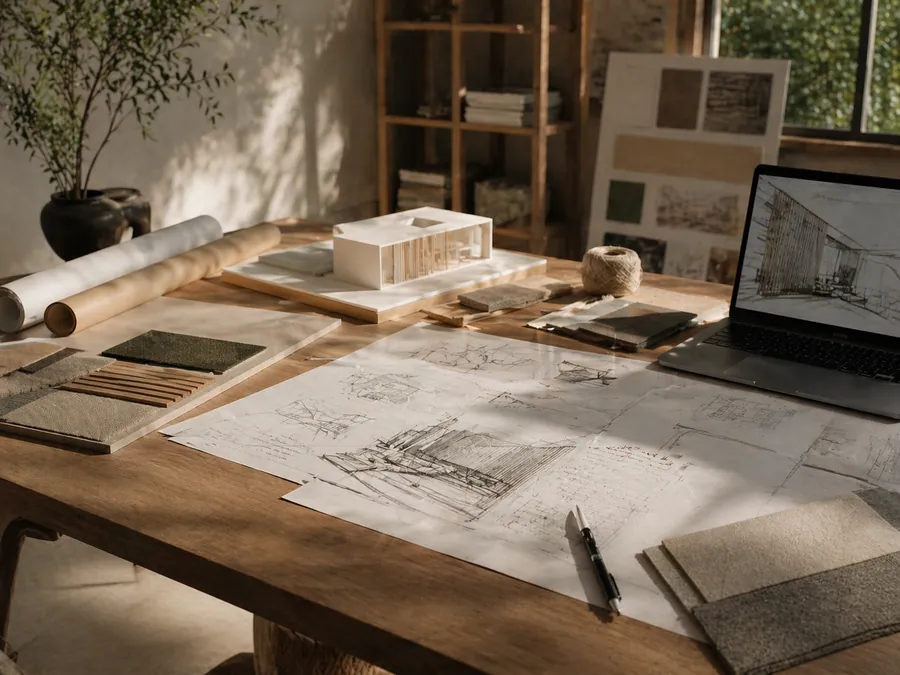 Architectural acoustic design planning with drawings, material samples and early-stage acoustic design notes.