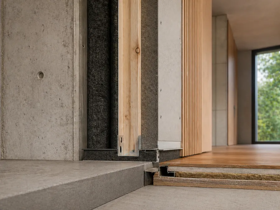 Interior acoustic design materials including timber, stone, fabric and acoustic finishes for reverberation control.