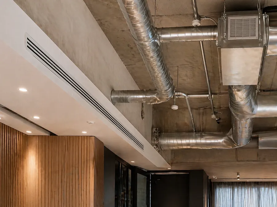 Integrated acoustic treatment in joinery with timber slats, fabric panels and refined wall lining detail.