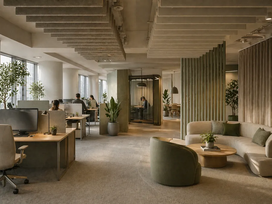 Workplace acoustics and productivity design with open-plan office, soft finishes and acoustic treatment.