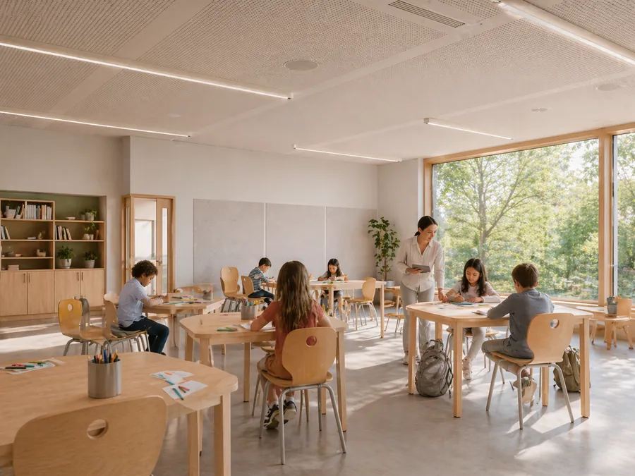 Classroom acoustics and learning-space design with acoustic ceiling treatment, daylight and calm finishes.