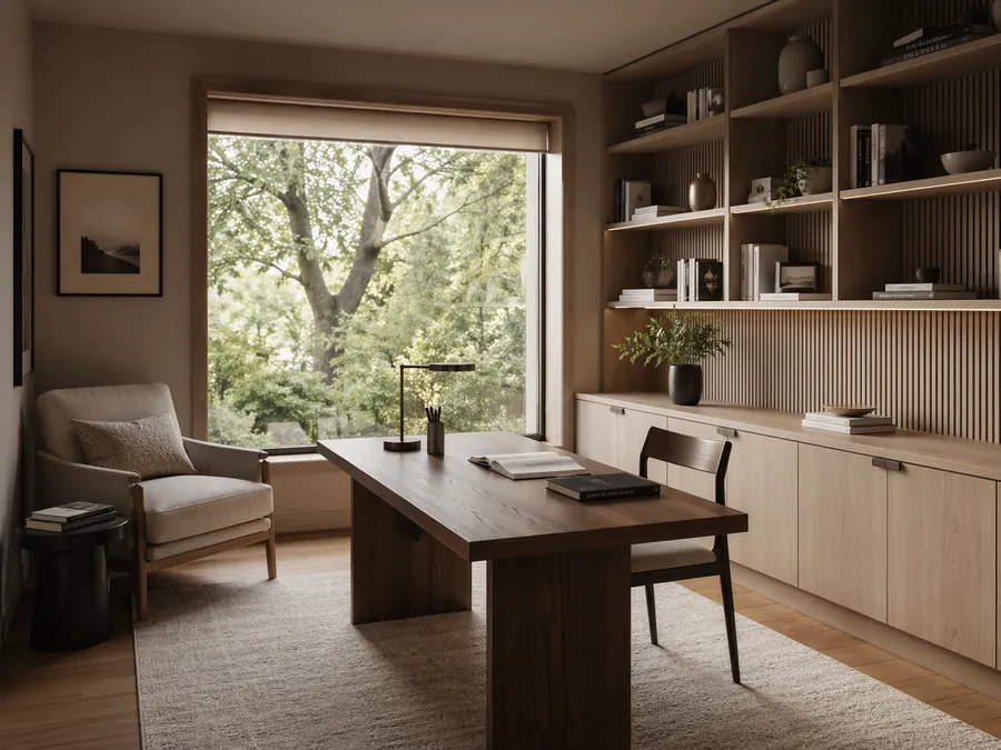 Quiet study and focus environment with acoustic design, bookshelves, soft finishes and calm daylight.