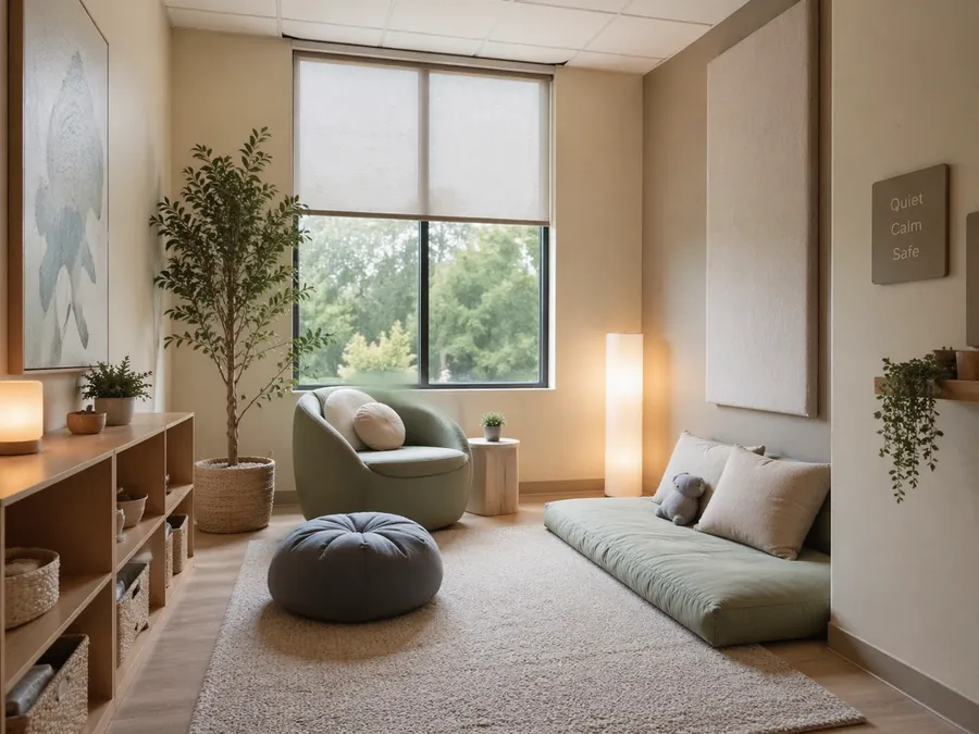 Sensory-sensitive acoustic design with soft materials, muted colours, quiet seating and low-stimulation room design.