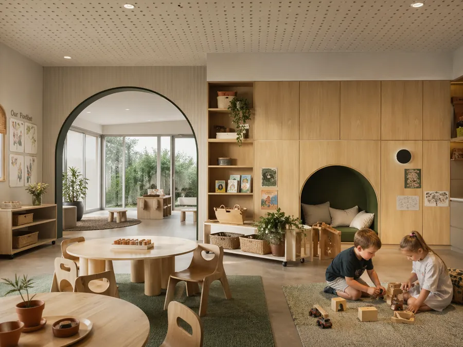 Children’s acoustic comfort design with soft materials, quiet zones and calm early learning room finishes.