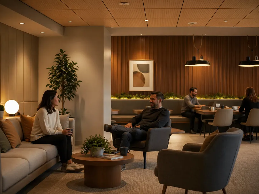 Shared-space acoustic design with soft seating, warm lighting, acoustic treatment and calm communal interior.