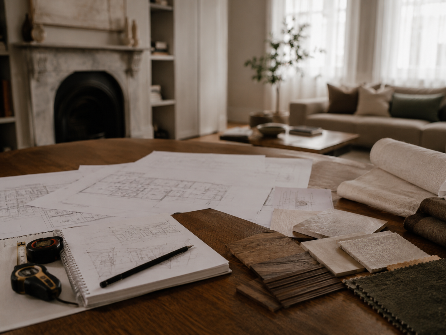 Design process table with architectural drawings, material samples, timber finishes, fabric samples and acoustic planning notes.